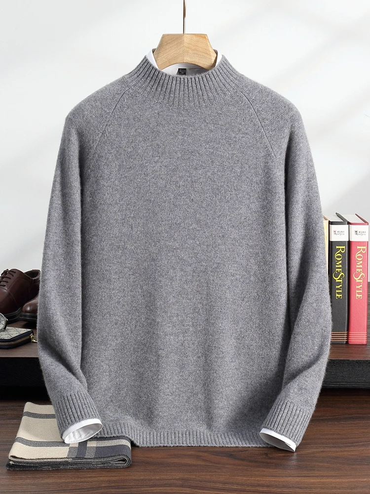 Smart Casual Men's Sweater Pullover 100% Cashmere Autumn Winter Sweater Mock Neck Raglan Basic Pullover Business Warm Clothing