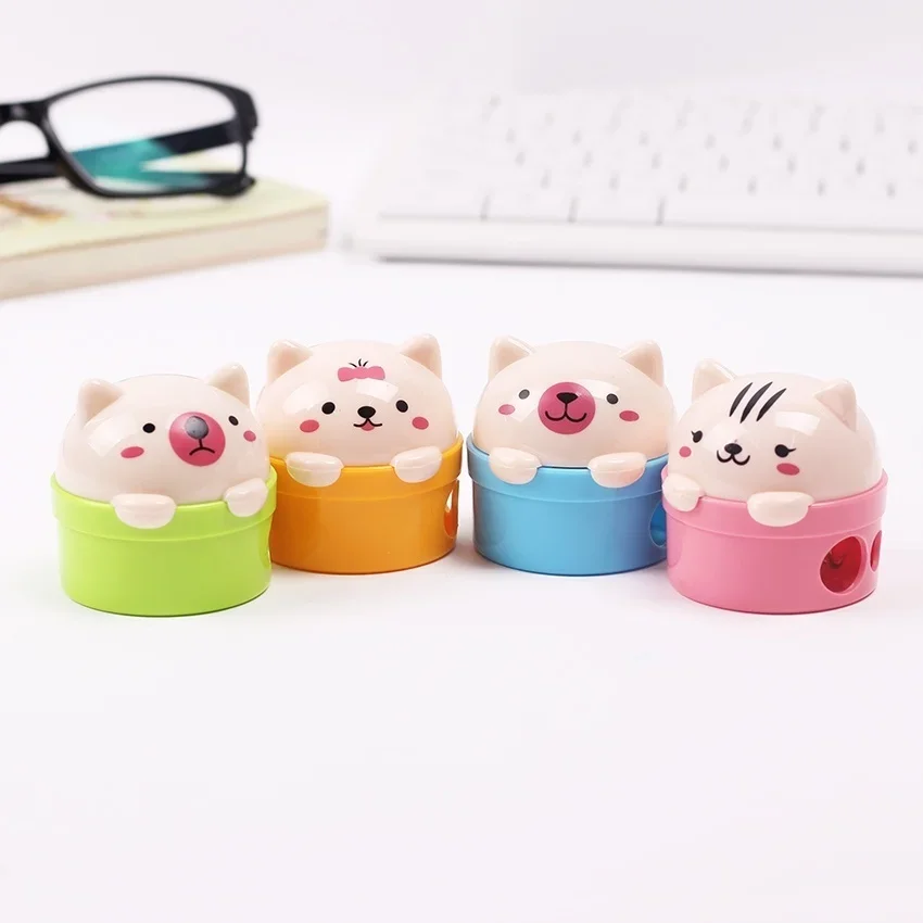 2PC Stationery Double Holes Pencil Sharpener Cartoon Cat and Bear Plastic   for Kids Student School Color Set