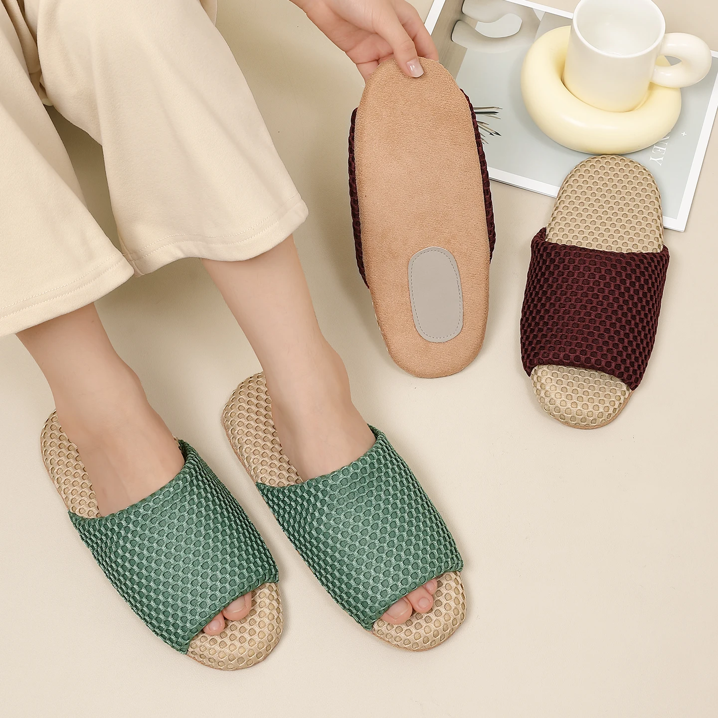 Unisex Silent Indoor Slippers Suede Sole Noise Reduction Mute Bedroom Shoes Breathable Mesh Open Toe House Slides for Men Women view 6