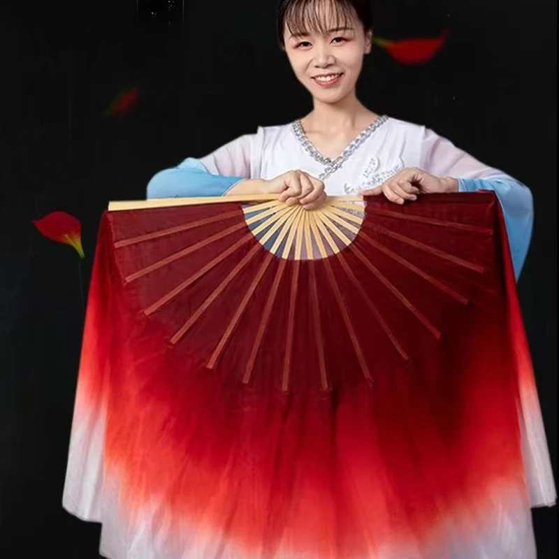 100% Real Silk White Edge Burgundy Gradient Dance Fan Double Sided Bamboo Rib Chinese Classical Folk Belly Dance Stage Prop