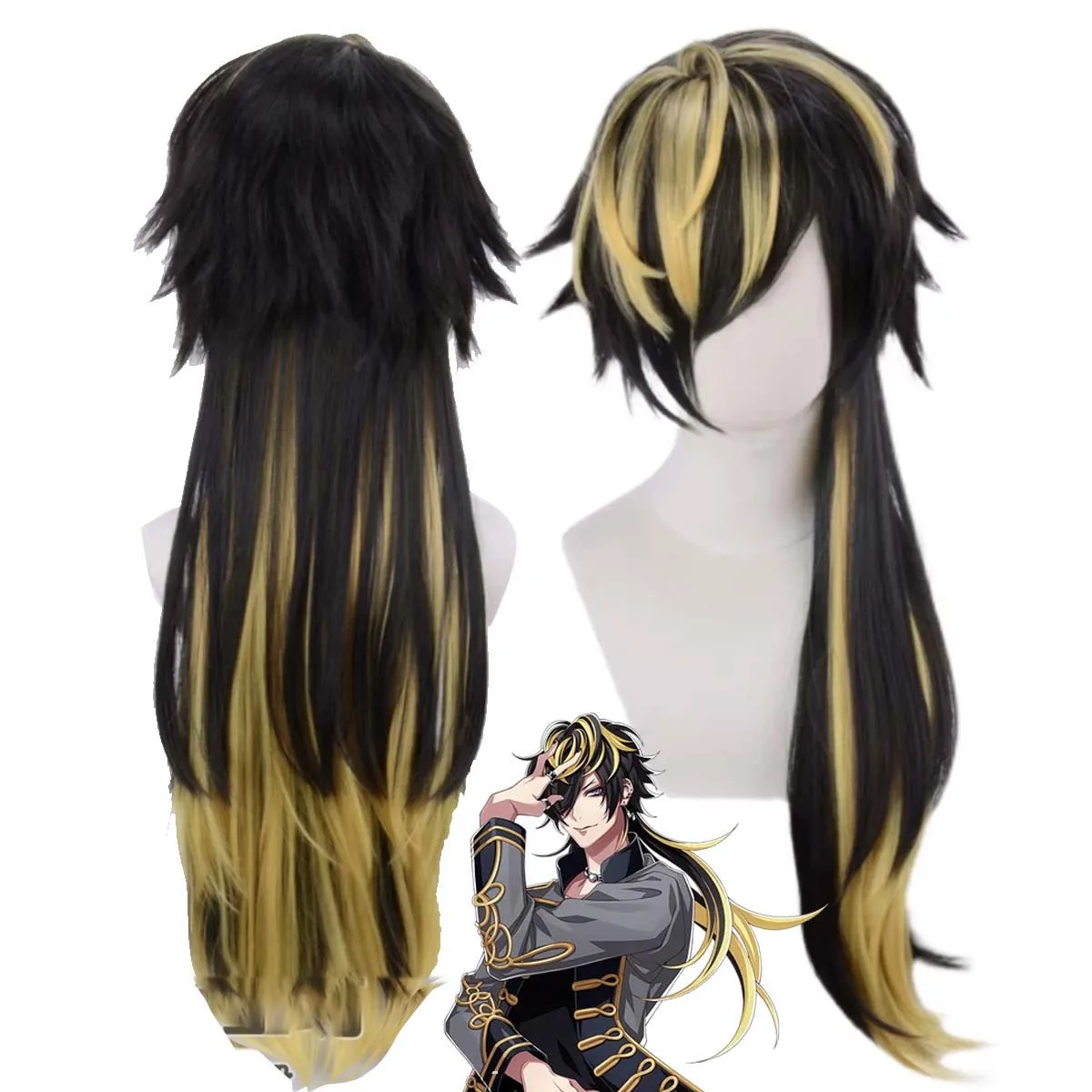

Men Anime Division Rap Battle Hypnosis Jyushi Aimono Cosplay Long Yellow Mix Black Heat Resistant Synthetic Hair Wig