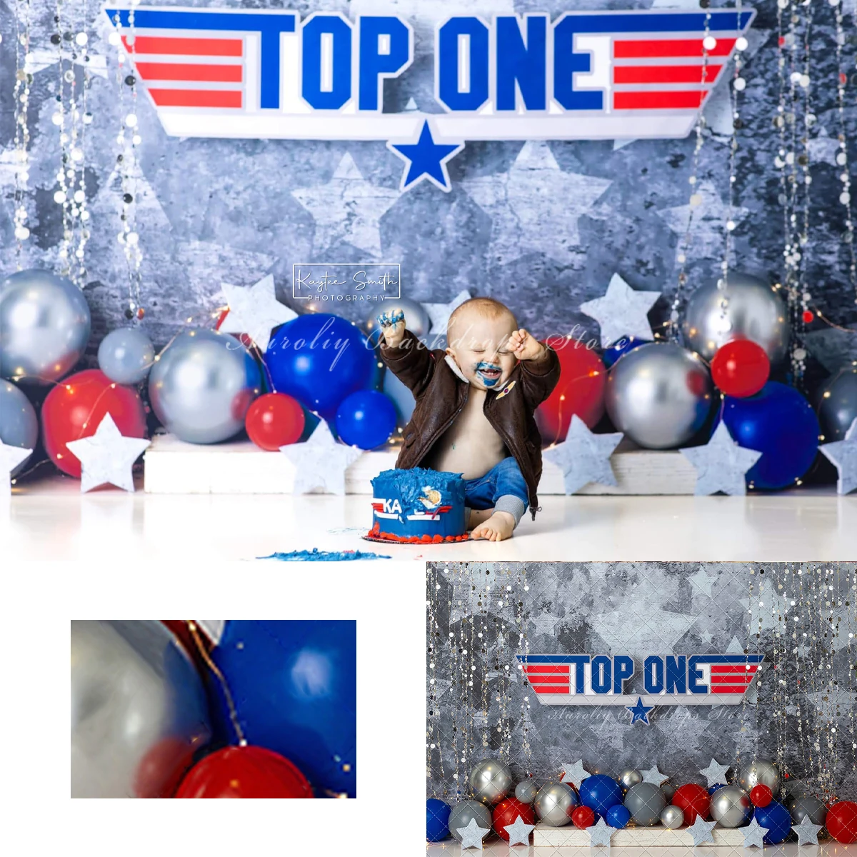 Top One Backgrounds Cake Smash Adult Family Photography Props Child Baby Decors Red Blue Balloon Stars Photo Studio Backdrops