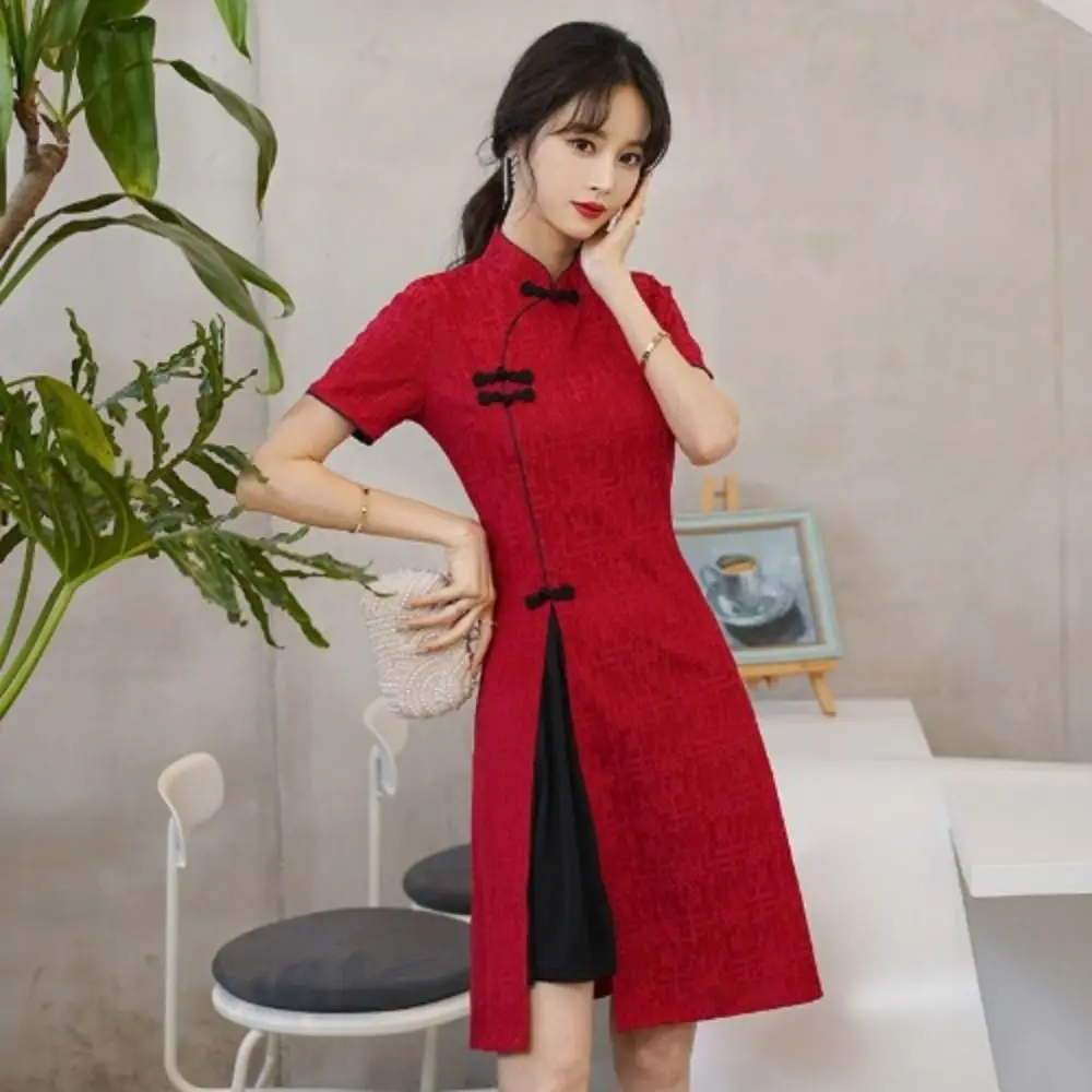 

Short Pattern Short Sleeve Qipao Dress Long Fork China-Chic Traditional Chinese Dress Elegant Vintage Cheongsam Summer