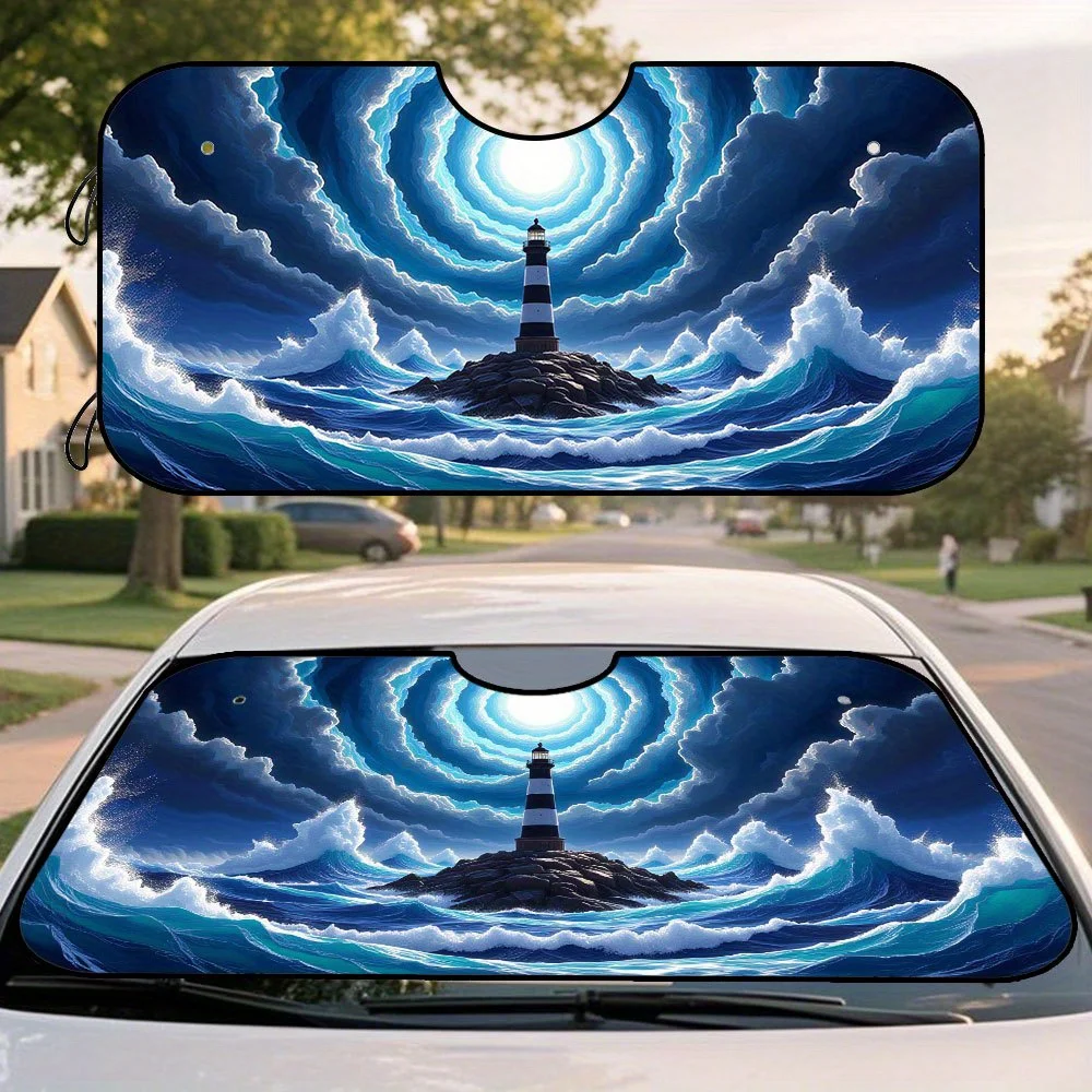 

1pc Stylized House Ocean Wave Seascape Print Windshield Sunshade - Foldable Car Visor With Suction Cups, Durable Polyester, Idea