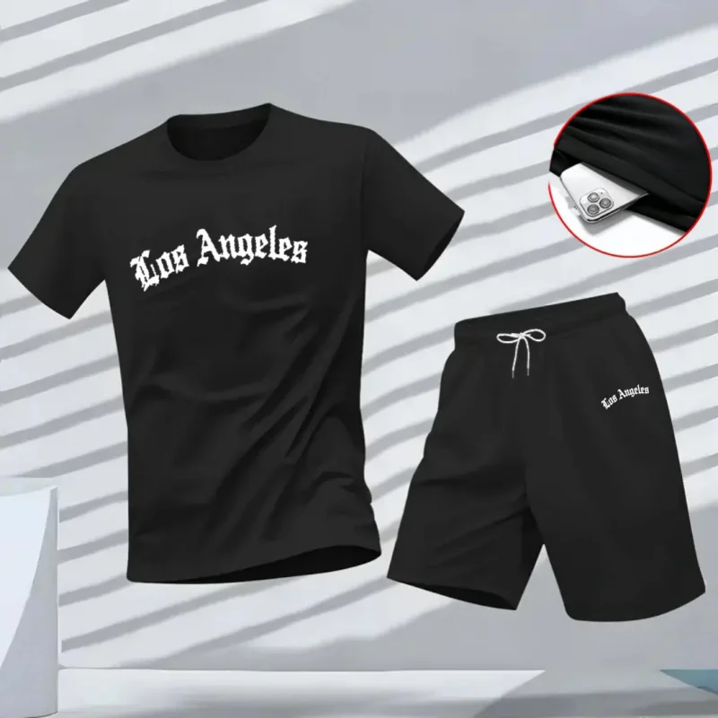 Men's Los Angeles Letter Print Tracksuit 2-Piece Set O-Neck Short Sleeve Shirt And Shorts plus Size Running Suit view 2