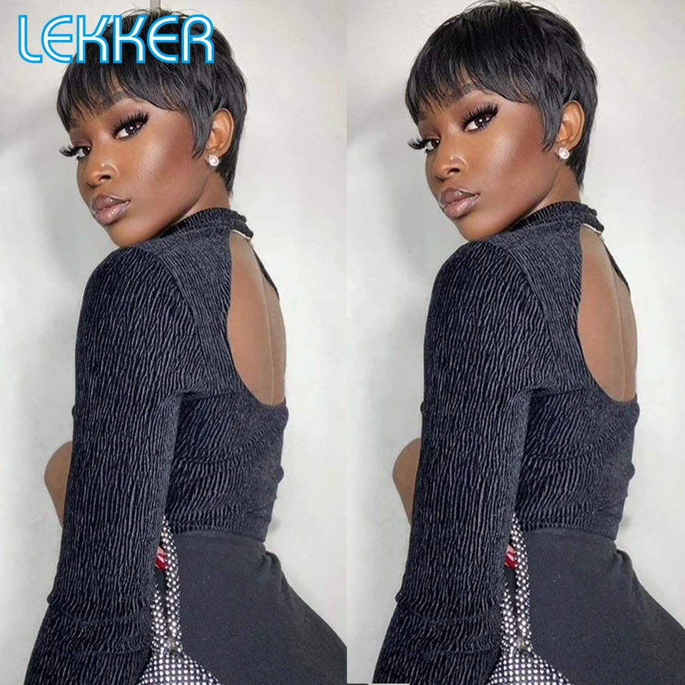 Lekker Short Straight Pixie Bob Human Hair Wig With Bangs For Women Colored Brazilian Remy Natural Hair Ombre Brown Burg Red Wig