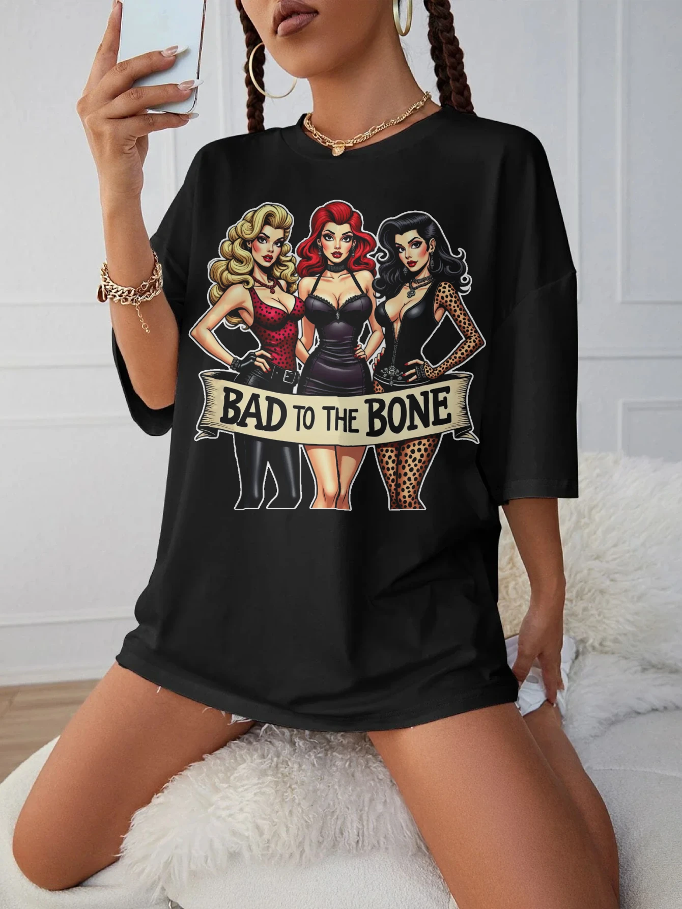 

Bad-to-the-Bone-PinUp Maternity Summer T-Shirt for Women Black Round Neck Loose Fit Comfortable for Late Pregnancy