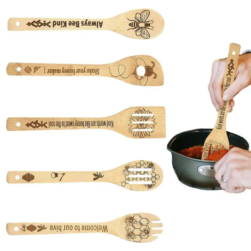 Wooden Spoons For Cooking Multifunctional 5 Pieces Wooden Spatula Set Funny Spatula Cooking Utensils Set For Kids Family Friends