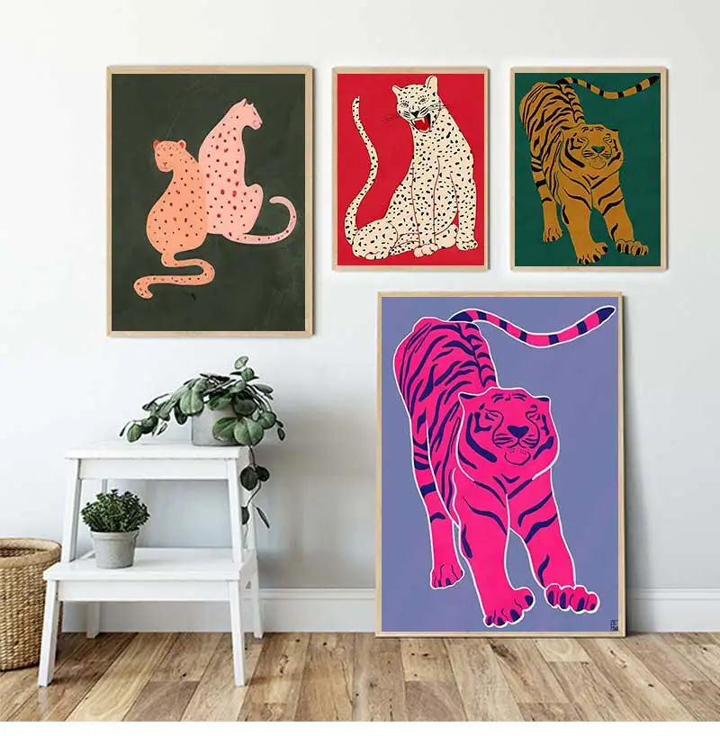 Abstract animal beast posters, red, pink, green, tiger, door, lose sleep, canvas painting, Wall Art Pictures, Nordic Home Decor
