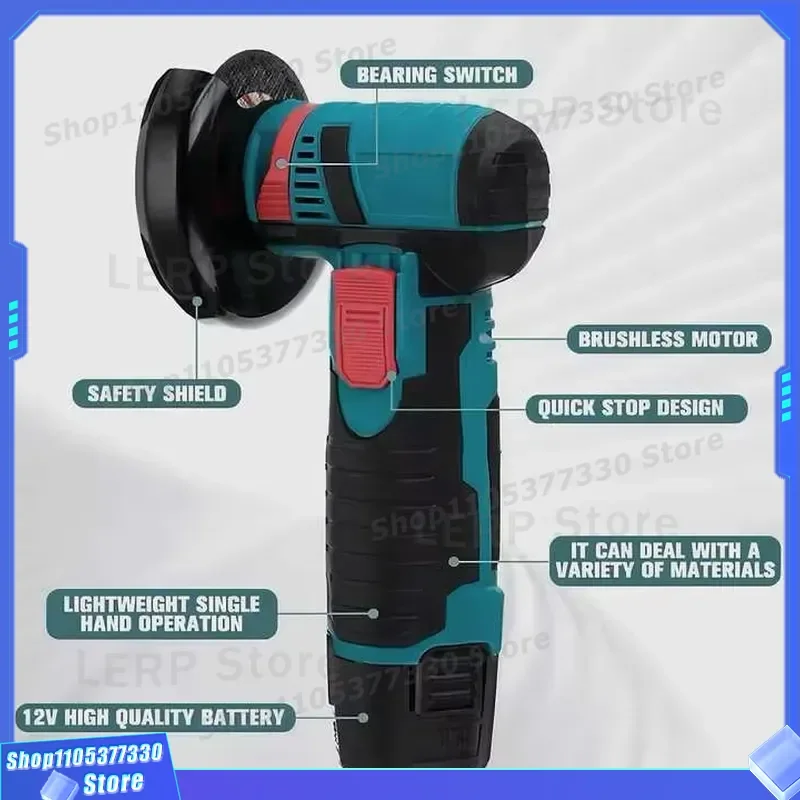 12V Cordless Mini Angle Grinder Portable Lithium Battery Brushless Motor Small Electric Polisher for DIY Manual Grinding Work
