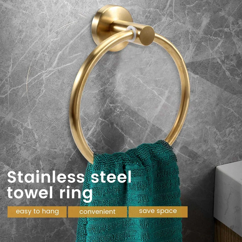 Aço inoxidável Wall-mounted Round Towel Ring Rack, Gold Towel Holder, Rack de banheiro, Acessórios de armazenamento de cozinha