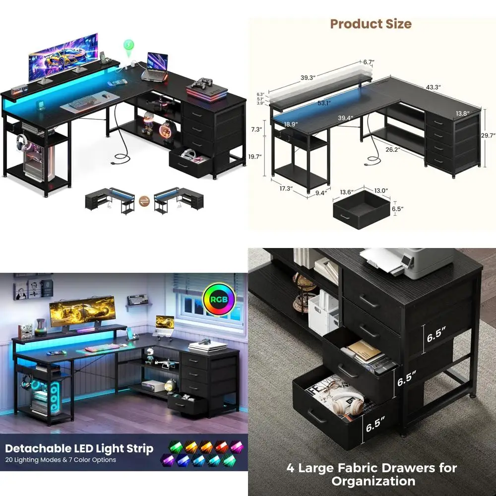 L-Shaped Desk with Drawers, Power Outlets, LED Lights, Reversible Corner Desk for Home Office Gaming and Computer Use