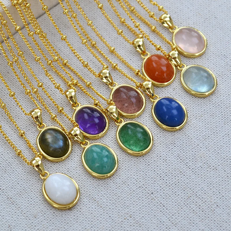 

New Niche Fashion Simple Oval Pendant Inlaid with Colored Natural Stone Daily Temperament Necklace Clavicle Chain Stackable Wear