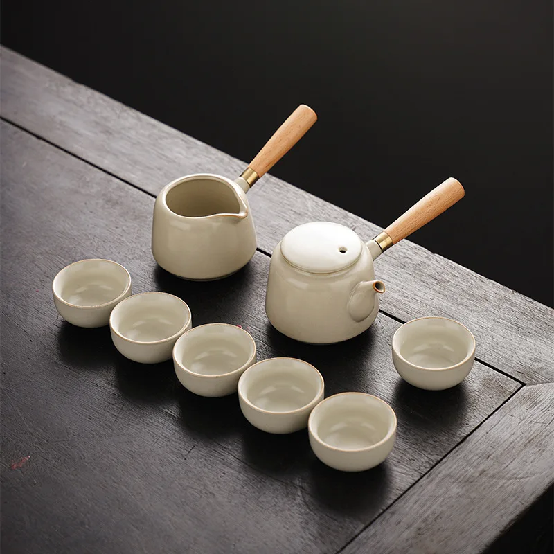 

Beige Ru Kiln Kung Fu Tea Set for Home Use, New Open Slice Teapot, High-end Office Tea Brewing and Drinking Set, Chinese Style