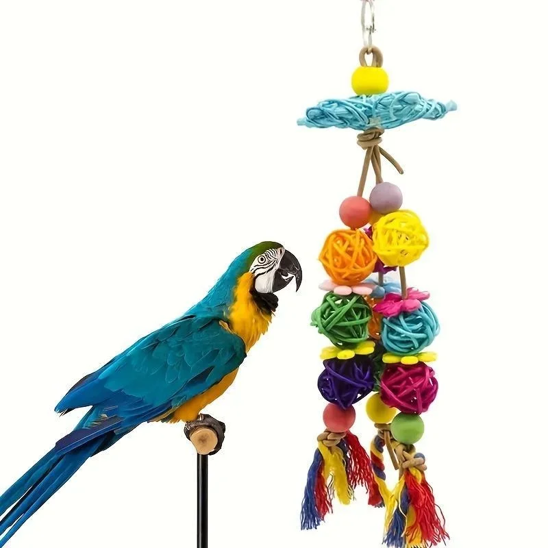 Bird Parrot Swing Toys Star Rattan Ball Shaped Bite Toy Bird Chewing Toy Bird Cage Hanging Decor Accessories Random Color