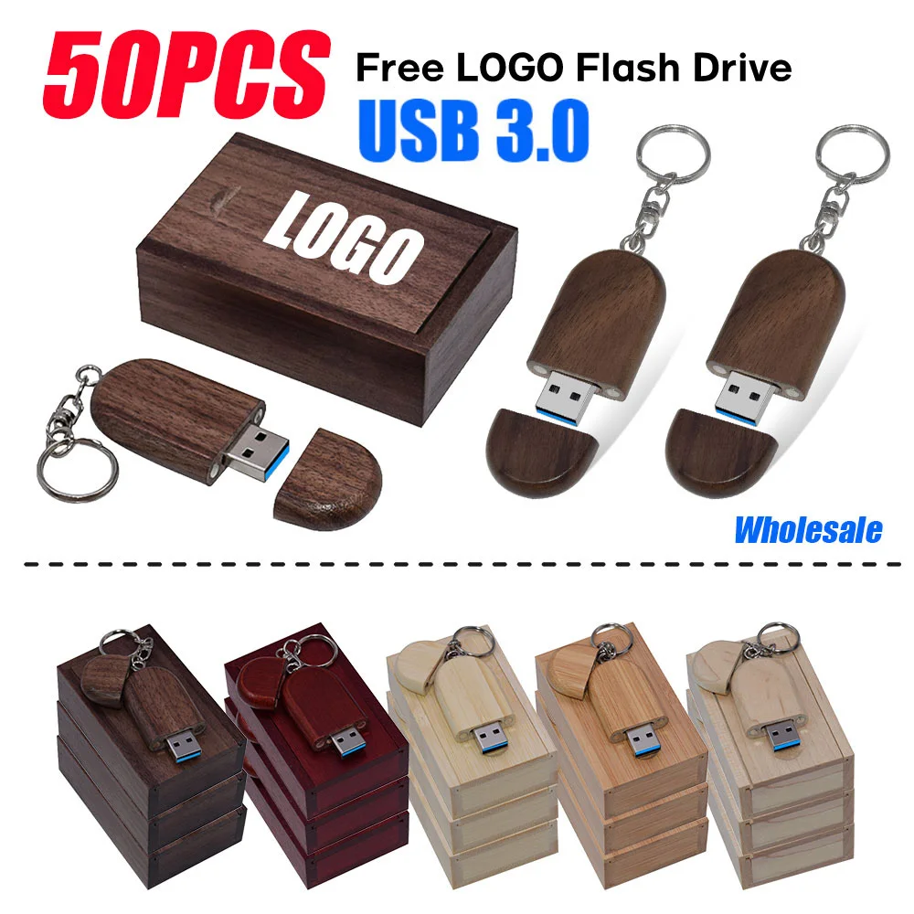 50pcs/lot Free Custom Logo Wood USB 3.0 Flash Drives 128GB Wedding Gifts 64GB Free key chain Oval Memory Stick 32GB 16GB 8GB