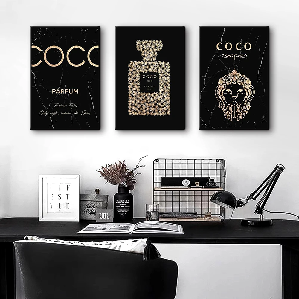 Carteles e impresiones de lujo, botella de perfume de COCO dorado negro, pintura de León, imágenes de pared, murales para la decoración del hogar y la sala de estar