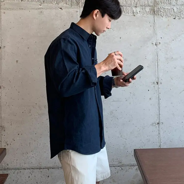 Camicia vintage da uomo a maniche lunghe Cappotto semplice casual ampio in tinta unita