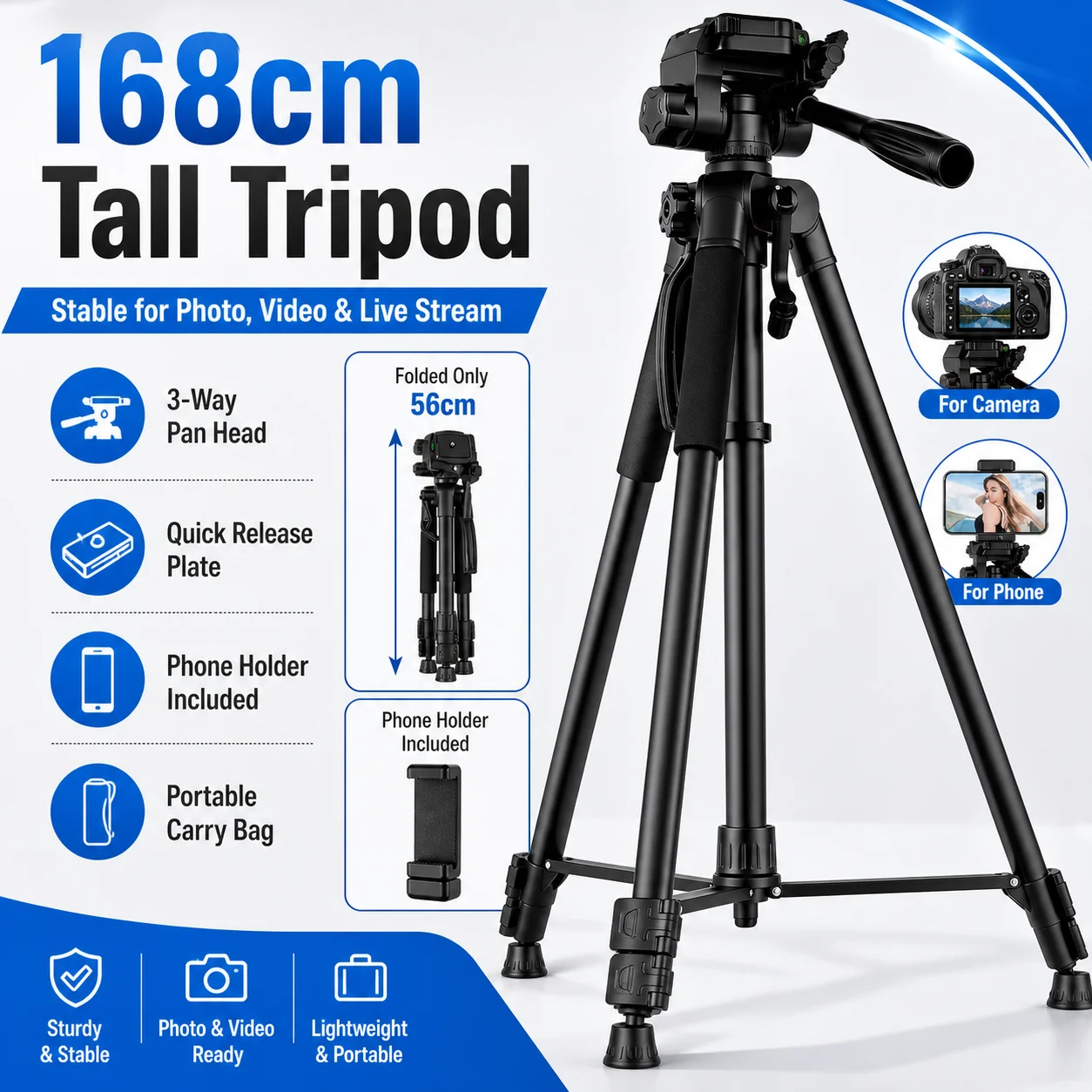 168cm Aluminum Alloy Camera Tripod Portable Phone Tripod Stand with Phone Holder for DSLR Smartphone Live Streaming Vlog Photogr