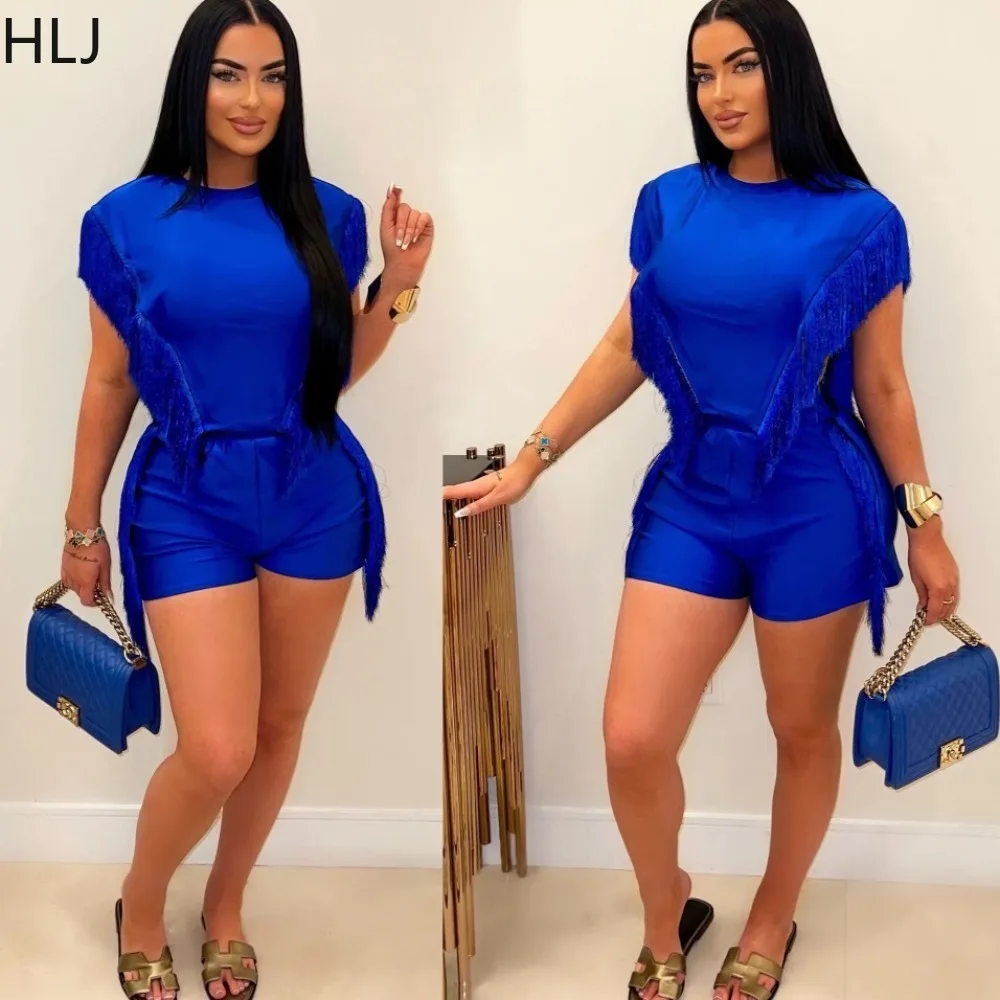 

HLJ Summer New Solid Tassel Design Shorts Two Piece Sets Women Round Neck Short Sleeve Top And Shorts Outfits Female Tracksuits