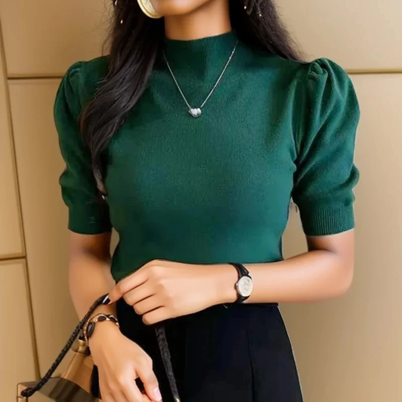 

GELITAYIN Elegant Slim Puff Sleeve Woman Shirt Summer Tops Fashion Half Turtleneck Knitted Blouse Women Slim Casual Blusas Mujer