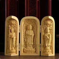 Boxwood Wood Carved Decor Three Open Box Guanyin Guan Yu Ksitigarbha Three Holy Buddhas Craft Home Decoration Ornament Statue