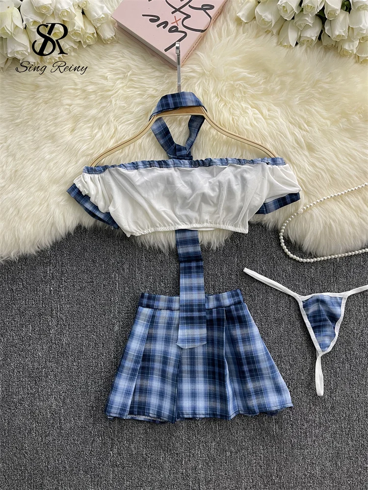 SINGREINY JK Uniform Plaid Sexy Erotic Sets Necktie+Sheer Short Strapless+Pleated Skirt Preppy Style Cosplay Pajamas Suits