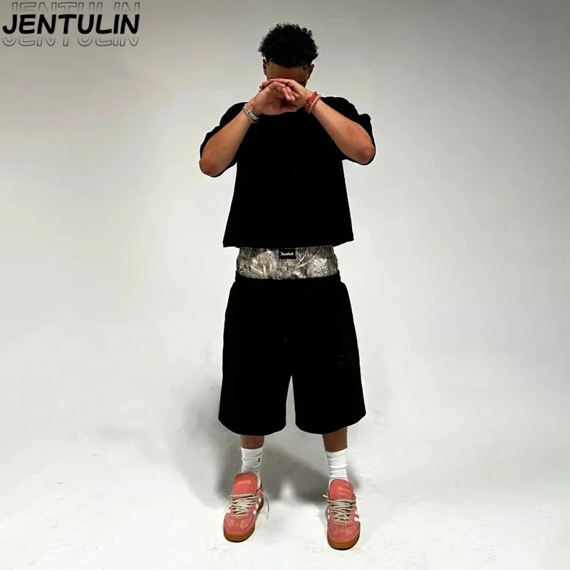 Summer letter embroidery Camouflage military Uniform Spliced Loose Sports Shorts double pants casual US street washed bottoms