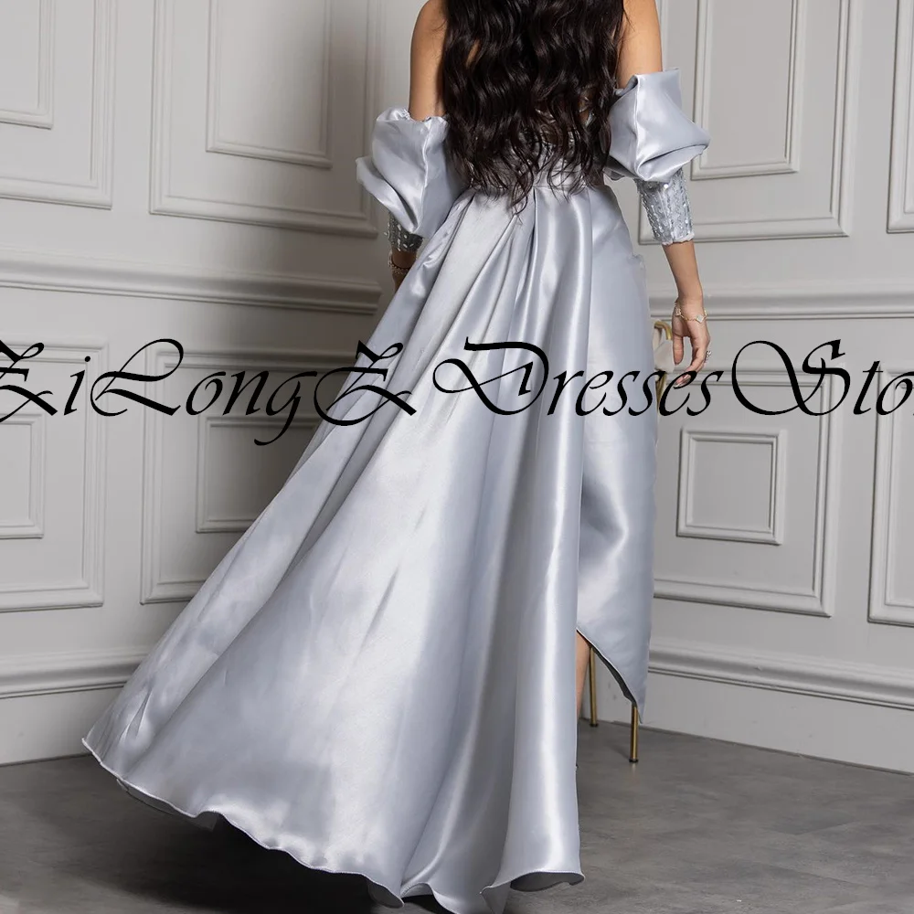 Elegant Luxury Evening Dress 2024	Saudi Arabia Long Beaded Evening Gowns Detachable Sleeve Solid Panel Train Ankle Length