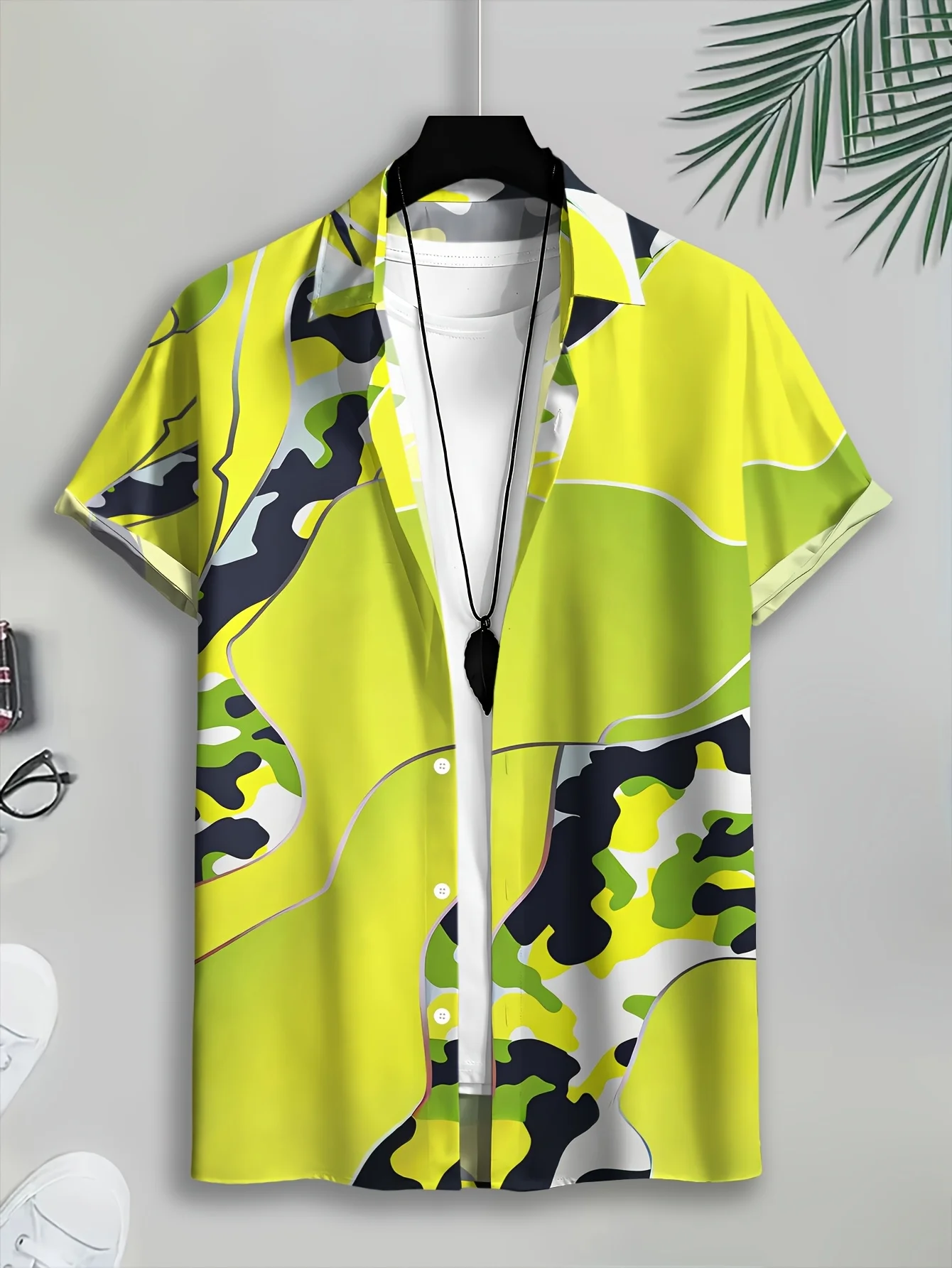 Men's Camo Pattern Casual Shirt, Summer Bright Yellow and Green Design, Loose Short Sleeve Lapel Mens Tops