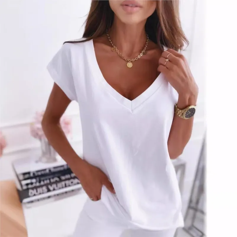 Spring/summer Solid Color Short Sleeved V-neck T-shirt Top For Women\'s Clothing Casual Loose Black Pullover Tshirts