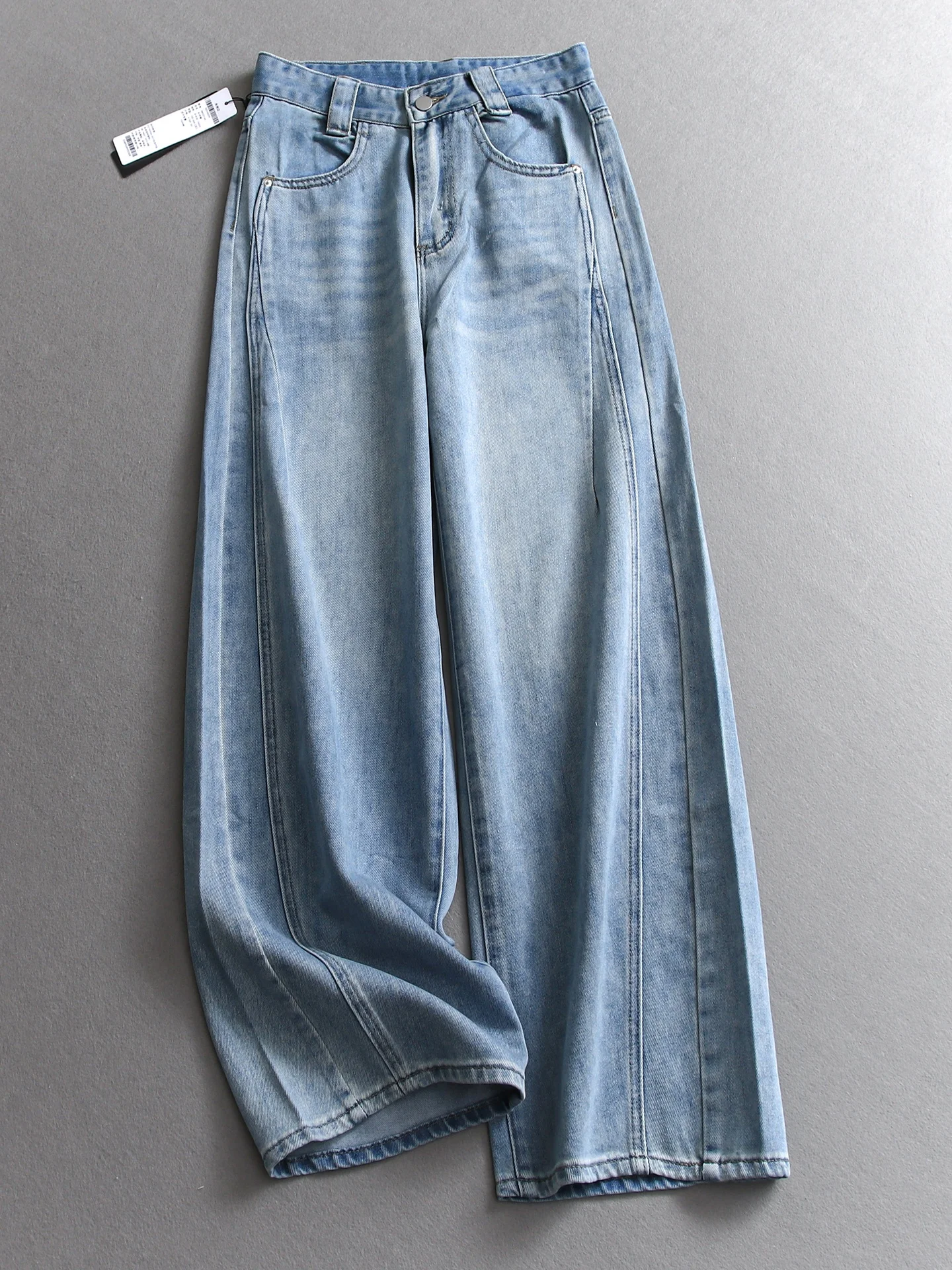 Retro Light Blue Soft Skin-Friendly Faded High Waist Slimming Loose Straight Leg Wide Leg Pants Women's Jeans R253