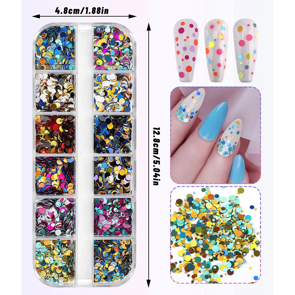 12 Colors Circle Shape Nail Sequin 3D Holographic Round Nail Art Glitter Flakes 12grids Iridescent Mirror Slice Manicure Glitter