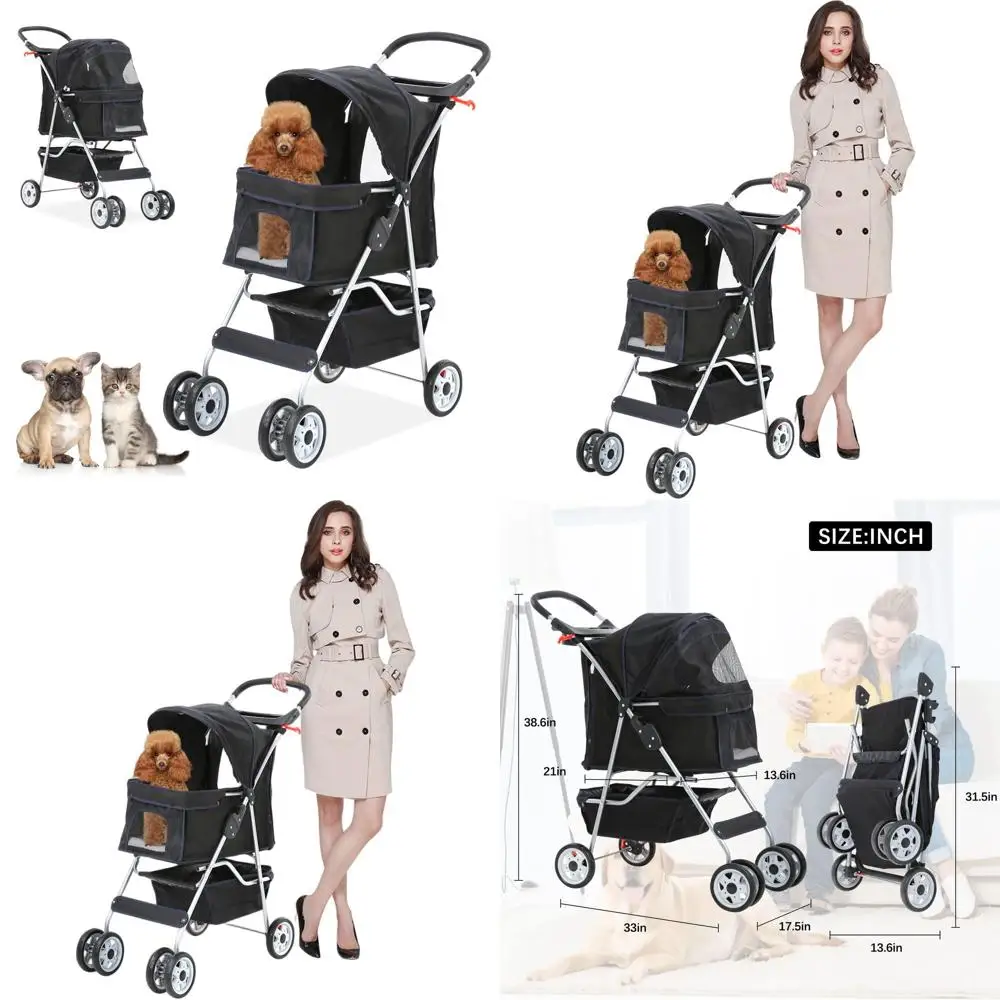 

Pet Stroller for Dogs and Cats - Travel Trolley with Storage Basket, Suitable for Small to Medium Pets Up to 30 lbs, Black