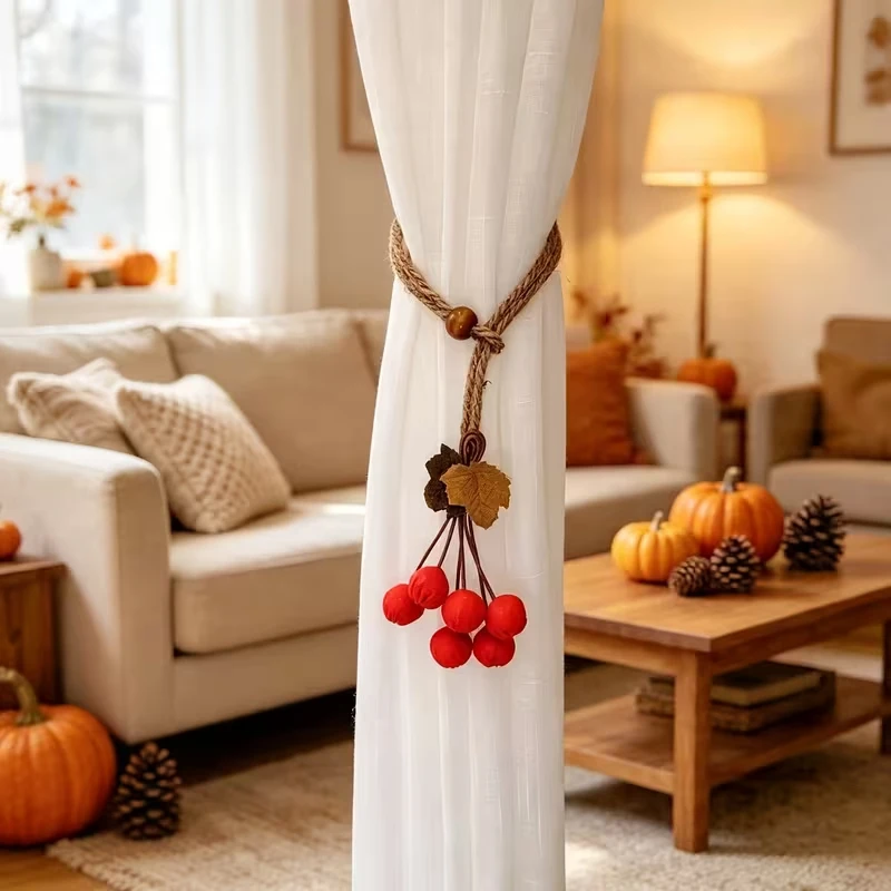 Artificial Maple Leaf Curtain Tiebacks Hawthorn Berry Strands Pastoral Style Curtain Straps Decorative Polyester