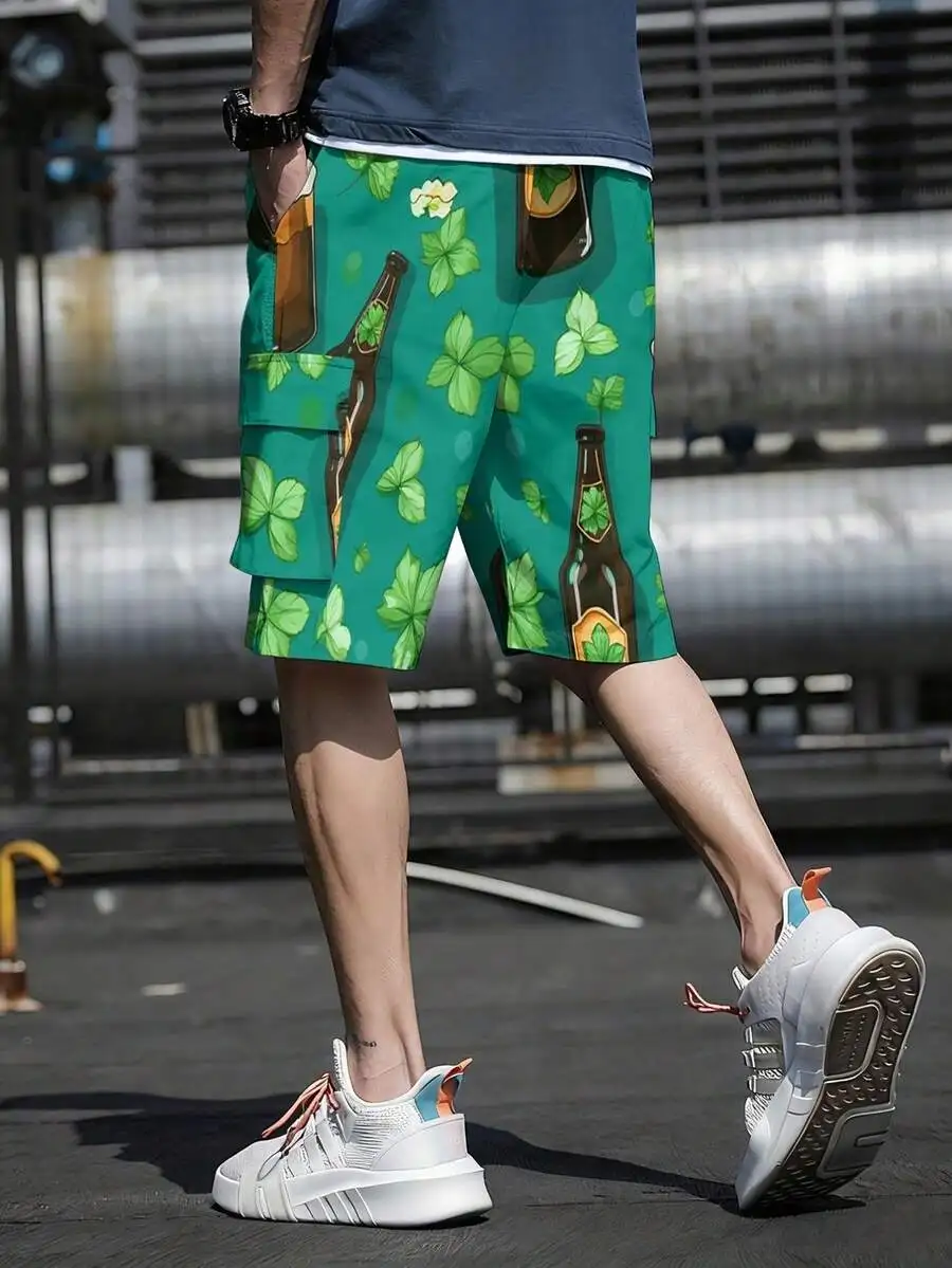 

Mens Casual Woven Cargo Shorts With Tropical Beer And Leaf Print For Summer Leisure Travel