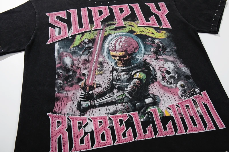 Hip-Hop Streetwear Lustiges Skelett-Grafik-T-Shirt für Männer Vintage Schwarz Gewaschenes Strass-Tee Übergroßes Baumwoll-Shirt im Used-Look – Detail 13