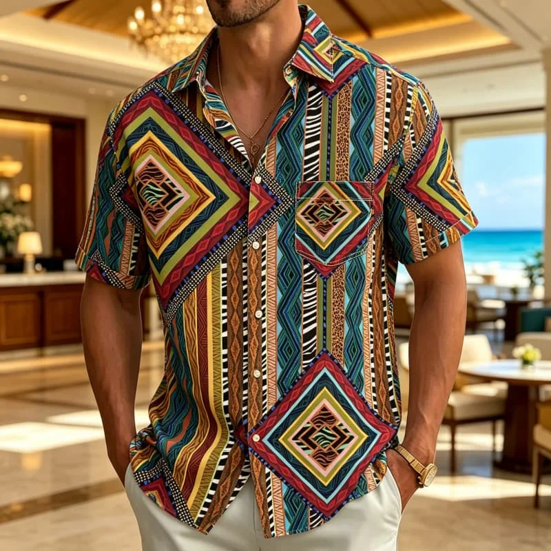 Men's Tribal Style Printed Vacation shirt, Short Sleeved Shirt With pockets, Suitable For Vacation Wear And Retro Ethnic Style