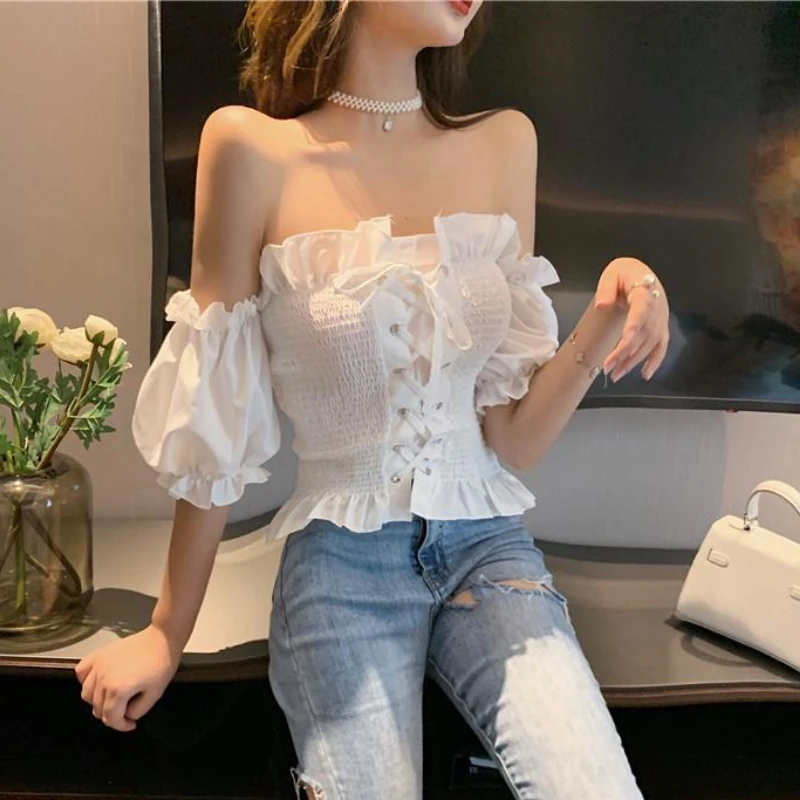 Blouses Women Summer Fashion Hotsweet Slash Neck Vintage Lace-up Designed Graceful Cropped Puff Sleeve Clothing Tender Ulzzang