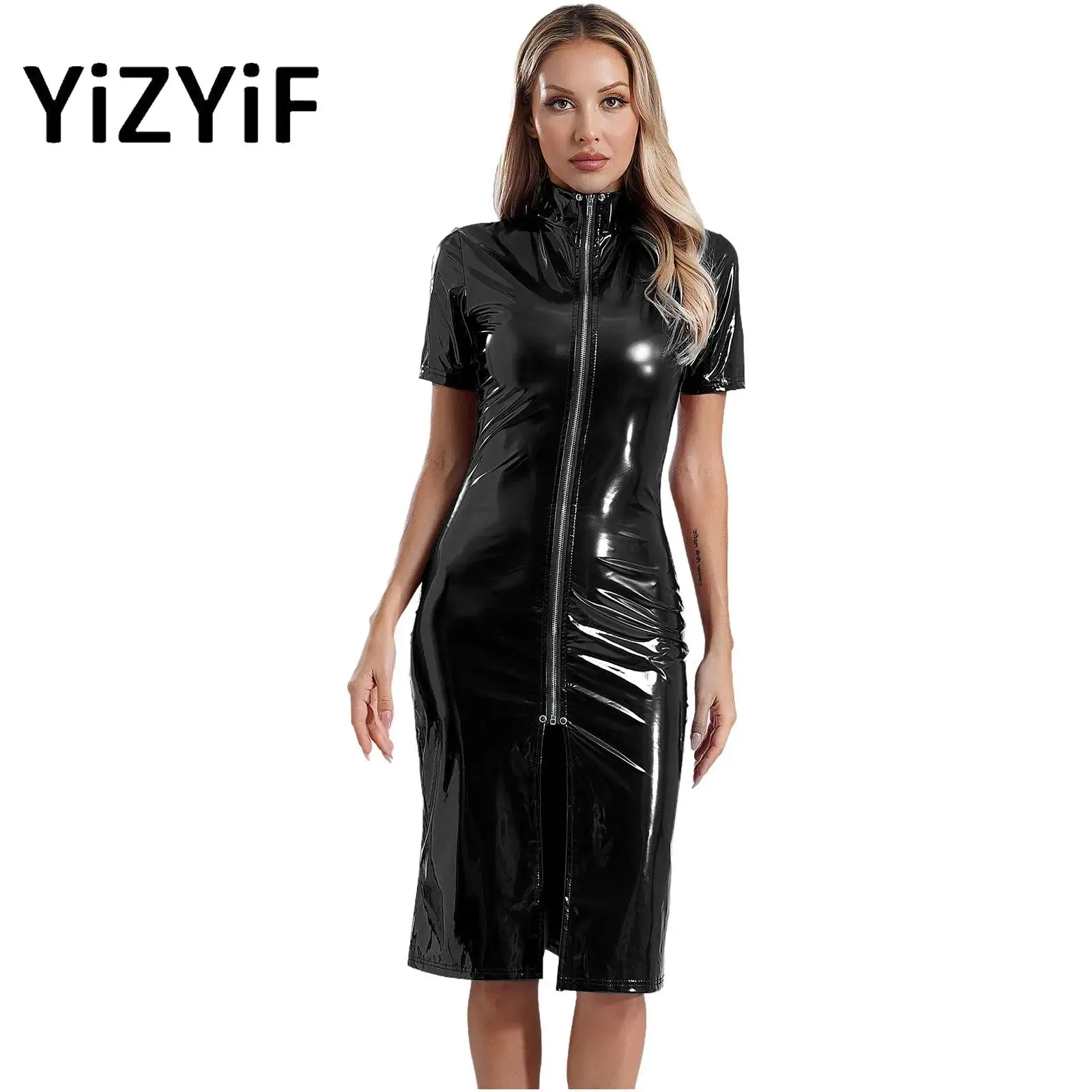 

Womens Patent Leather Dress Front Zipper Split Dress Wet Look Dress Stand Collar Short Sleeve Bodycon Jacket Dress Clubwear