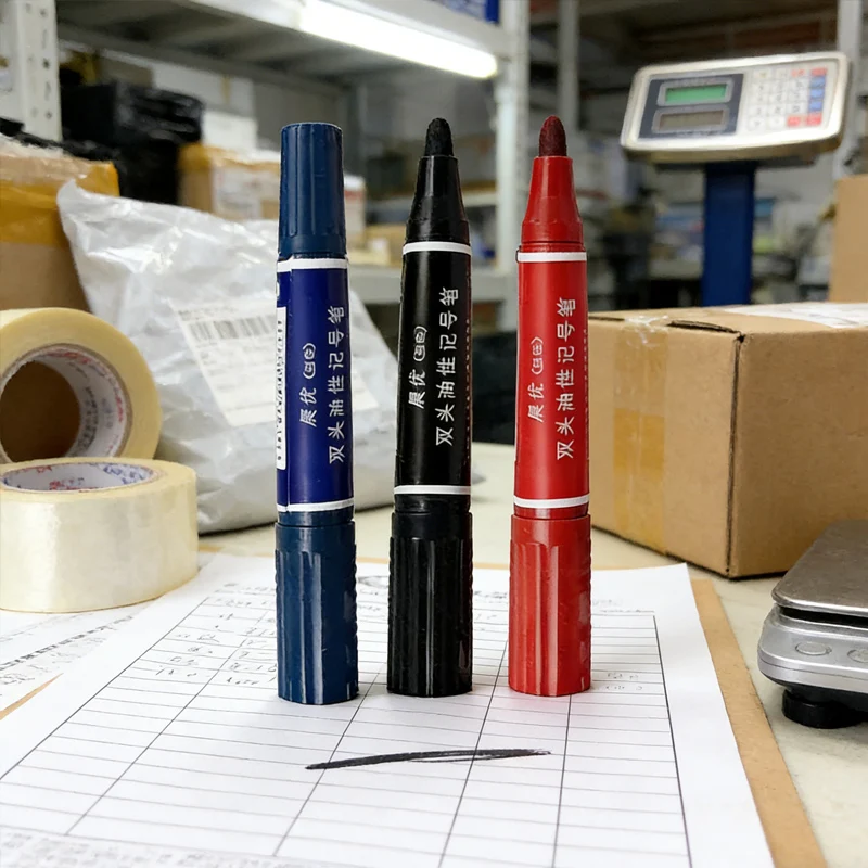 

5pcs Double Headed Oily Marker Pen Blue Black and Red Three Color Quick Drying Waterproof Marker Pen Office Student Marker Pen