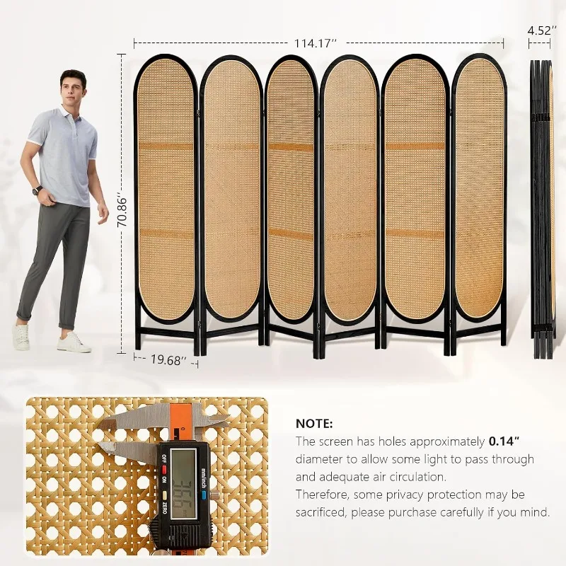 6 Panels Room Dividers, Foldable Wooden Room Dividers, Individual Privacy Screens Made of Hand-Woven Rattan