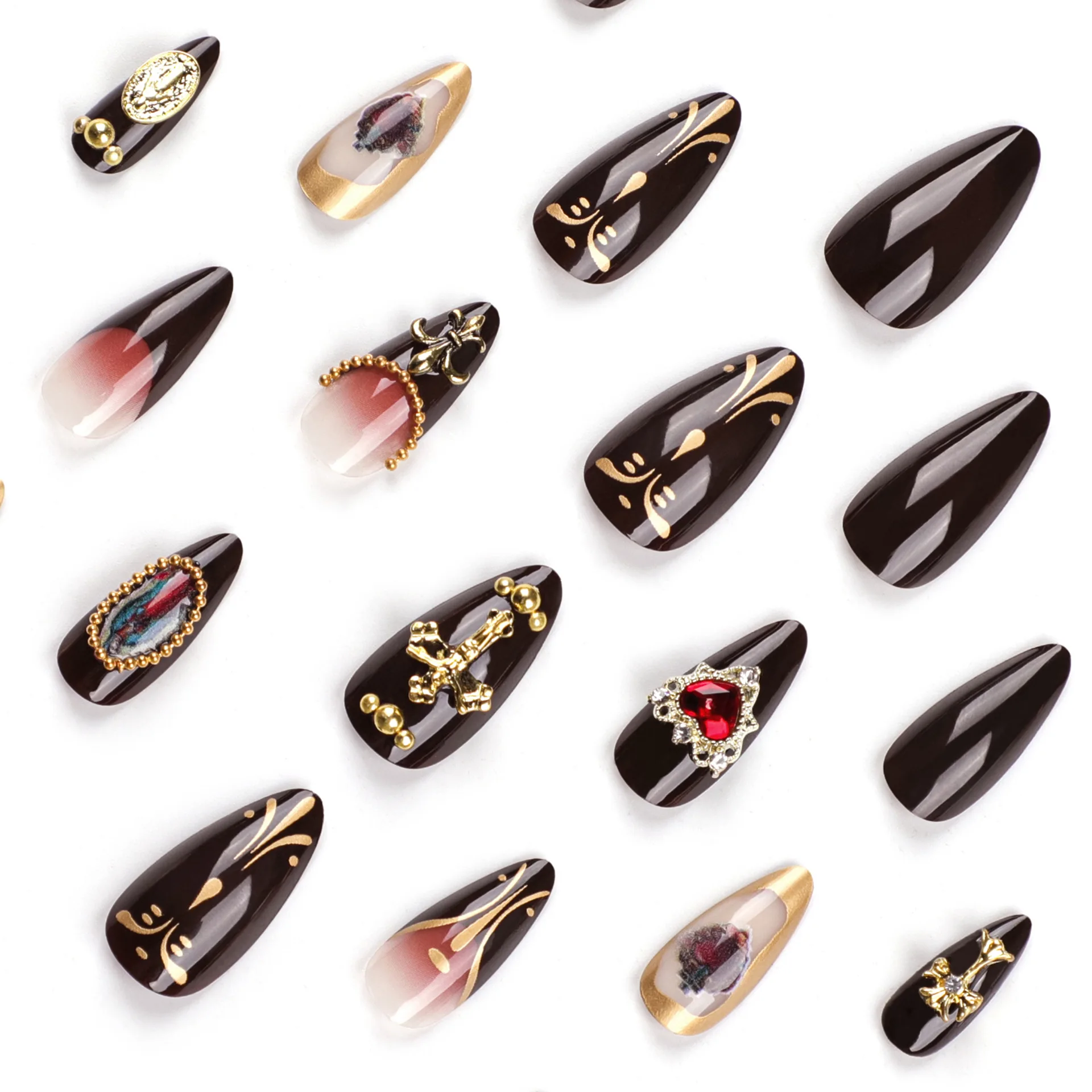 24Pcs Almond False Nail Relief sculpture  cross  beauty love  gemstone Wearable Handmade Manicure Fake Nail