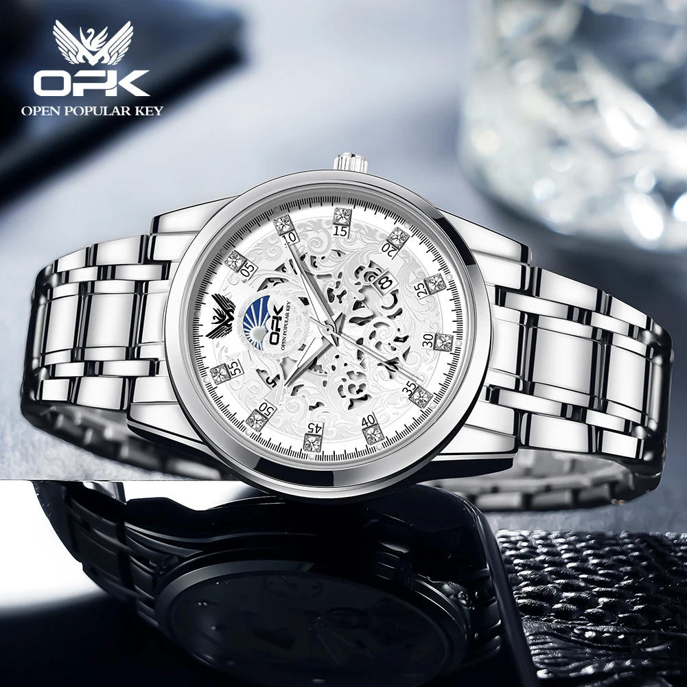 OPK 브랜드 야광 방수 달력 스틸 밴드 남성용 쿼츠 시계 8149