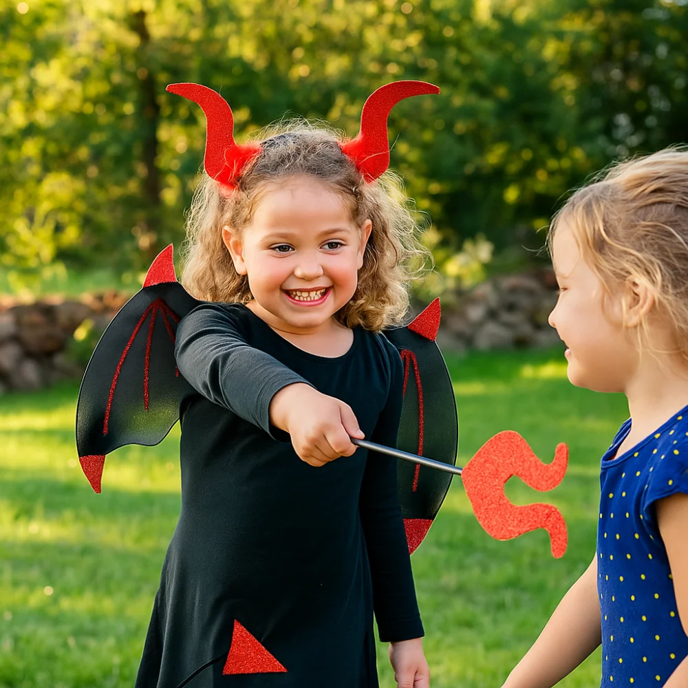 3Pcs/Set Funny Halloween Cosplay Props Bat Wings with Tail Wand Halloween Costume Accessories Demon Horn Hair Band Party
