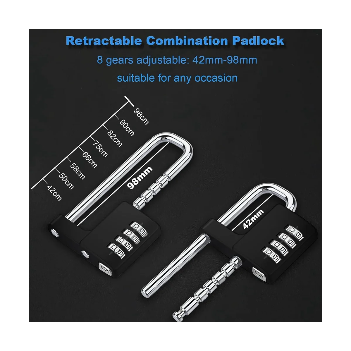 Candado de combinación para exteriores, candado resistente al agua con código, candado largo ajustable multifuncional, negro