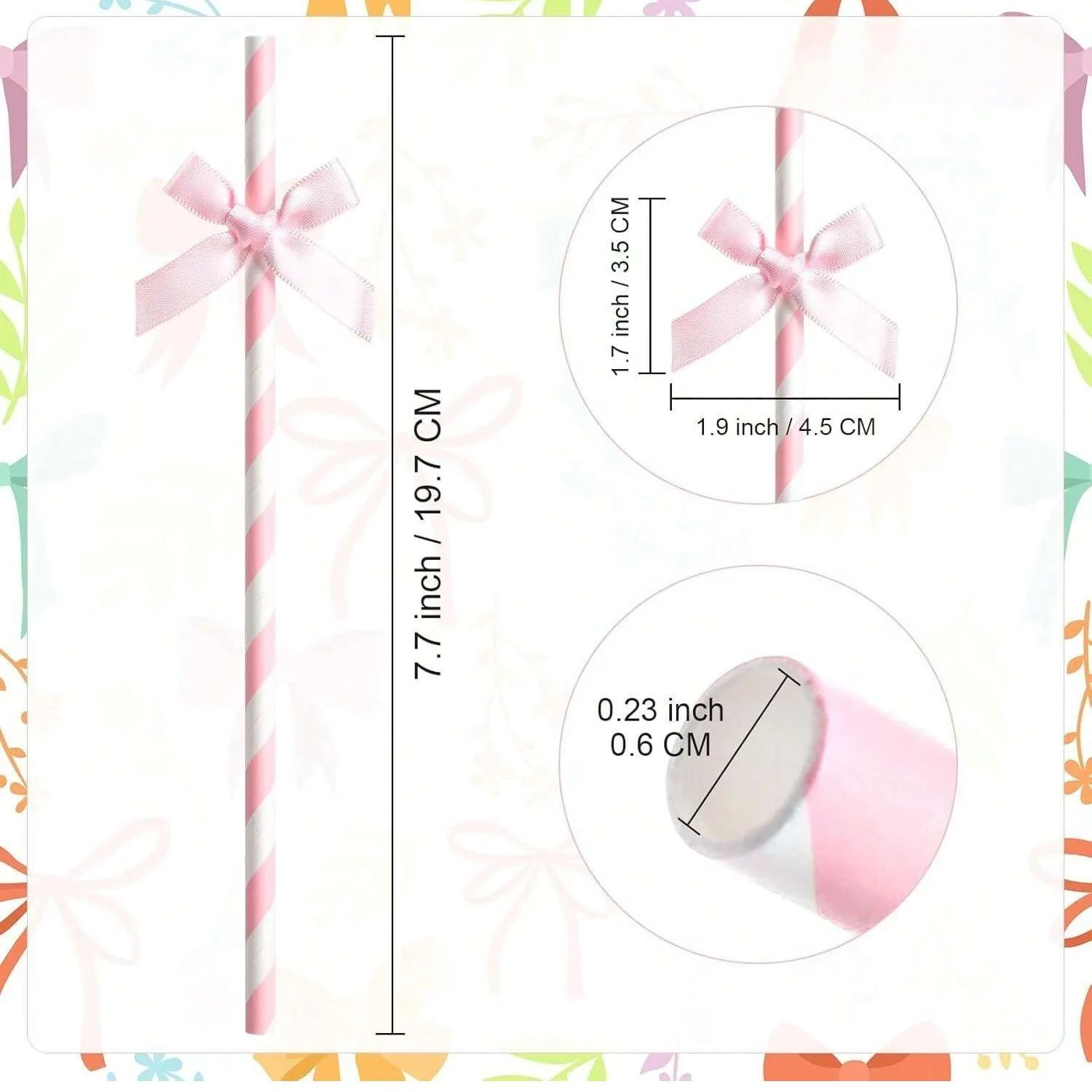 10pcs Pink Striped Bow with Ribbon Label Paper Drinking Straws - Disposable Suitable for Wedding Shower Party Decorations
