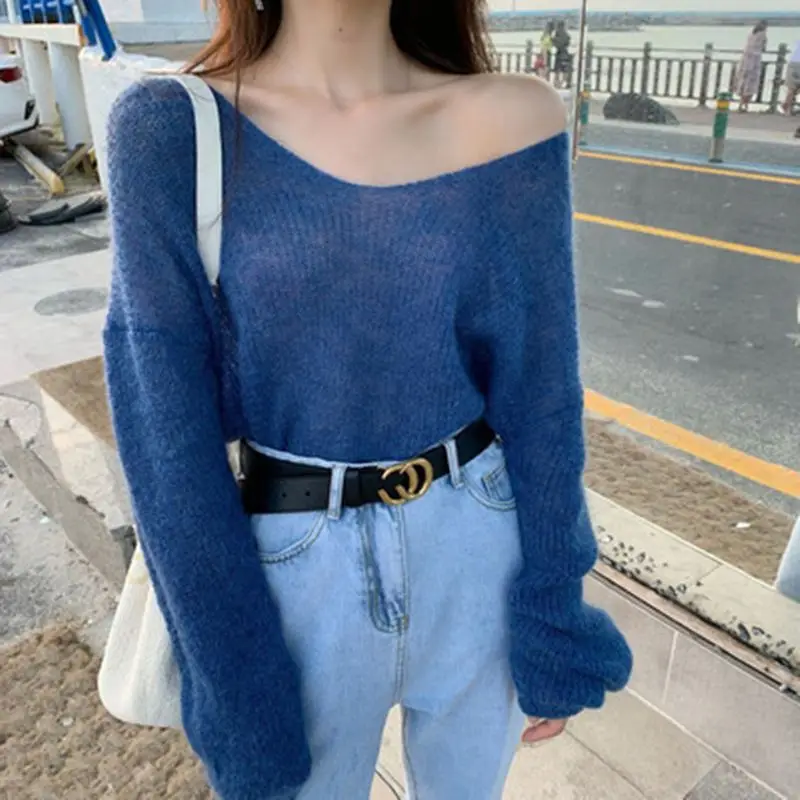 Women Spring Autumn Mohair Pullover Solid Color V Collar Sweet Loose Long-sleeved Knit Sweater