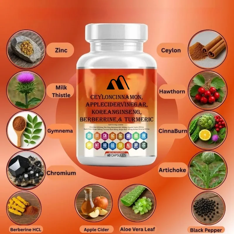 Ceylon Cinnamon Berberine, Apple Vinegar, Bitter Melon, Spoon Vine, Ginseng, Chromium, Turmeric, Milk Thistle -60  Capsules