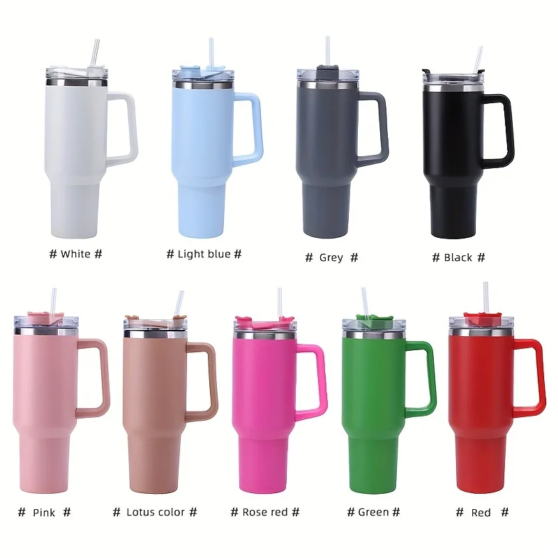 

1pc 40oz Portable Car Tumbler With Handle And Straw, 304 Stainless Steel Large Capacity Vacuum Cup, Leakproof Sports Water Bottl